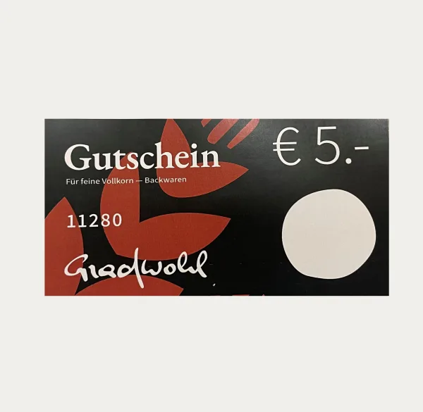 5€ Gutschein in schwarz-brauner Optik auf grauem Hintergrund